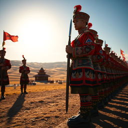 A majestic scene featuring a traditional Mongolian honor guard, showcasing soldiers dressed in vibrant, ornate traditional uniforms with intricate patterns and embellishments