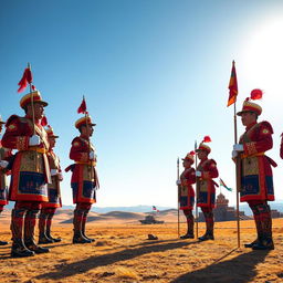 A majestic scene featuring a traditional Mongolian honor guard, showcasing soldiers dressed in vibrant, ornate traditional uniforms with intricate patterns and embellishments