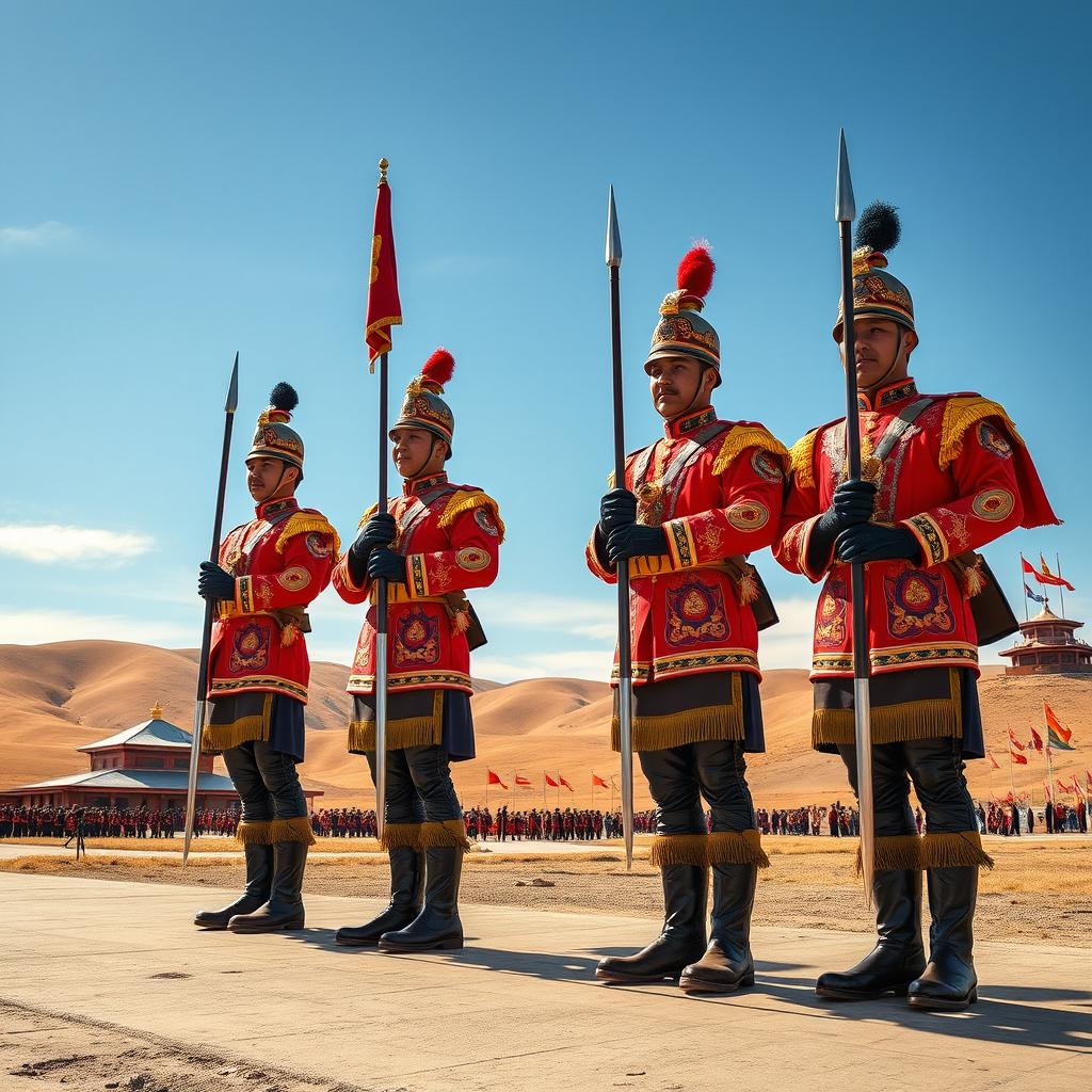 A majestic scene featuring a traditional Mongolian honor guard, showcasing soldiers dressed in vibrant, ornate traditional uniforms with intricate patterns and embellishments