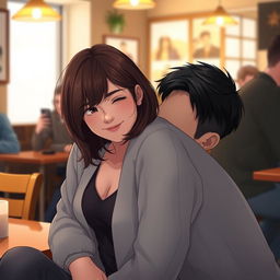 A scene depicting a person leaning comfortably into a man's shoulder, conveying a sense of intimacy and friendship