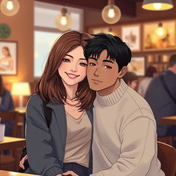 A scene depicting a person leaning comfortably into a man's shoulder, conveying a sense of intimacy and friendship