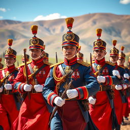 A dynamic and vibrant scene featuring the Mongolian Honor Guard in 2024, showcasing their traditional attire