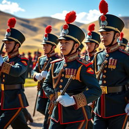 A dynamic and vibrant scene featuring the Mongolian Honor Guard in 2024, showcasing their traditional attire