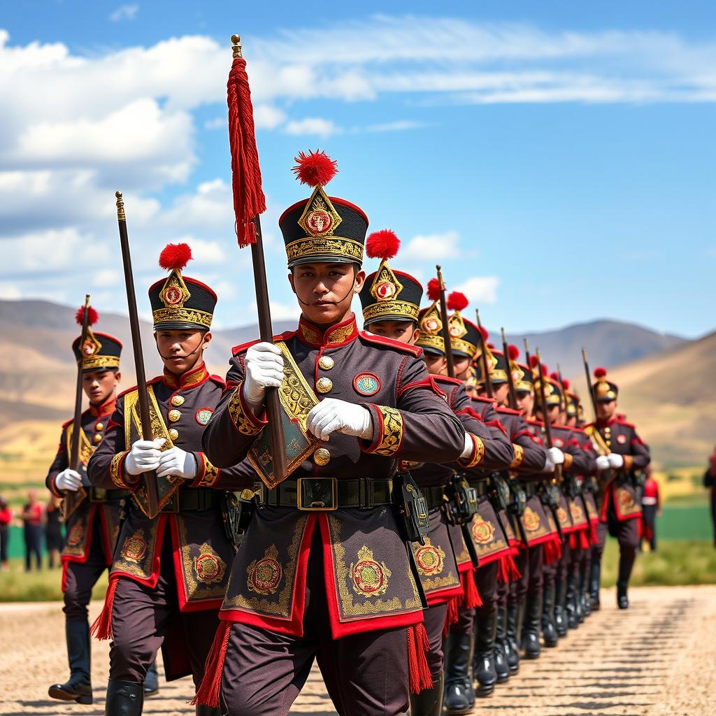 A dynamic and vibrant scene featuring the Mongolian Honor Guard in 2024, showcasing their traditional attire