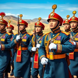 A dynamic and vibrant scene featuring the Mongolian Honor Guard in 2024, showcasing their traditional attire