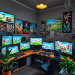 An imaginative workspace for game development, filled with multiple computer screens showcasing dynamic game designs, colorful character animations, and intricate game environments