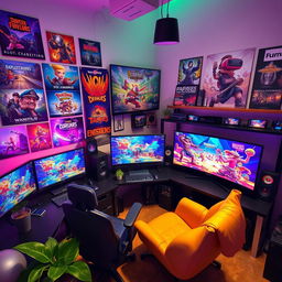 An imaginative workspace for game development, filled with multiple computer screens showcasing dynamic game designs, colorful character animations, and intricate game environments