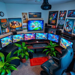 An imaginative workspace for game development, filled with multiple computer screens showcasing dynamic game designs, colorful character animations, and intricate game environments