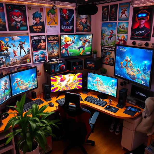 An imaginative workspace for game development, filled with multiple computer screens showcasing dynamic game designs, colorful character animations, and intricate game environments