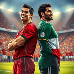 An artistic depiction of two legendary football players, Cristiano Ronaldo and Ali Daei, standing back to back on a vibrant football pitch