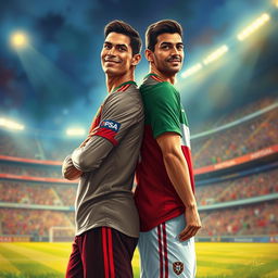 An artistic depiction of two legendary football players, Cristiano Ronaldo and Ali Daei, standing back to back on a vibrant football pitch