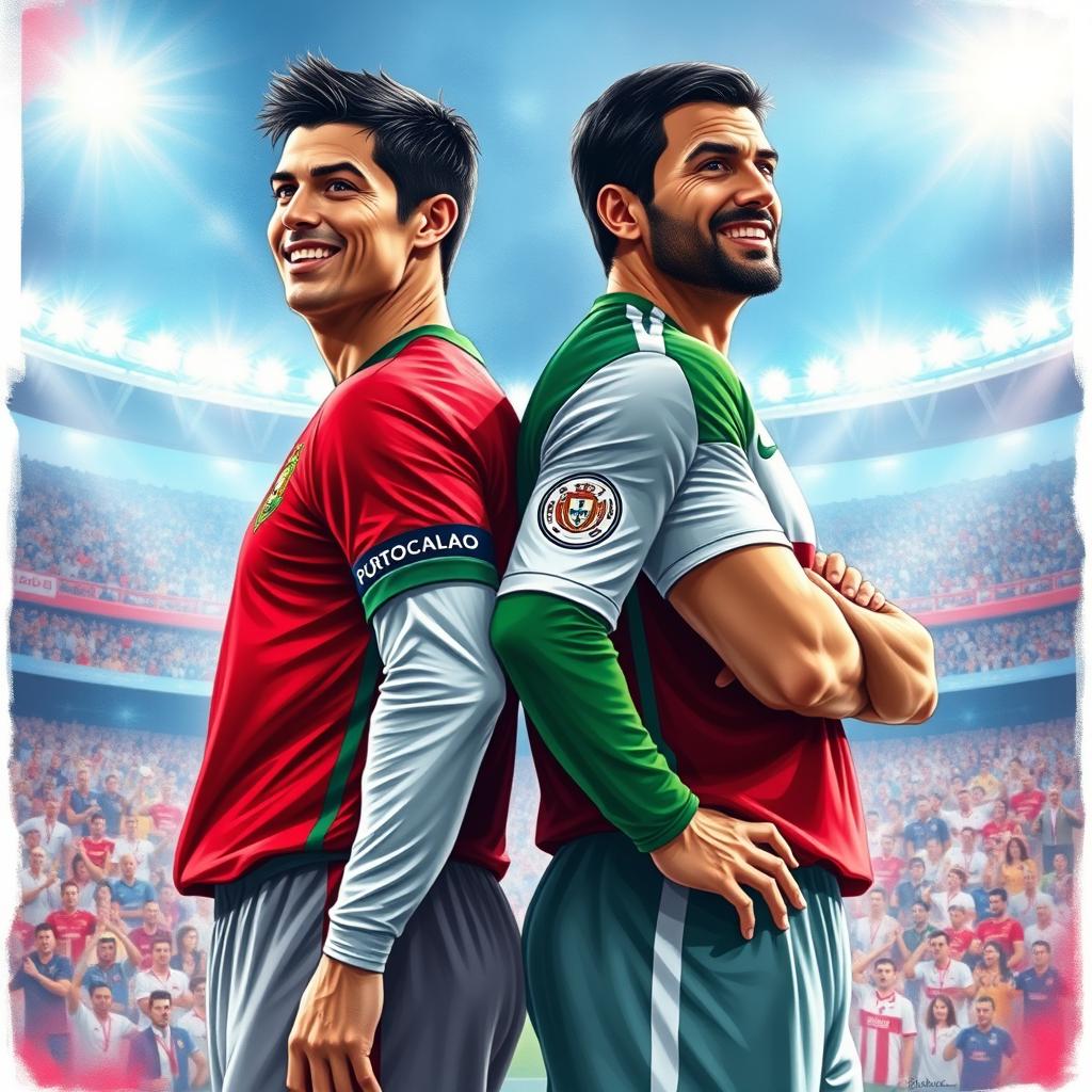 An artistic depiction of two legendary football players, Cristiano Ronaldo and Ali Daei, standing back to back on a vibrant football pitch