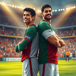 An artistic depiction of two legendary football players, Cristiano Ronaldo and Ali Daei, standing back to back on a vibrant football pitch