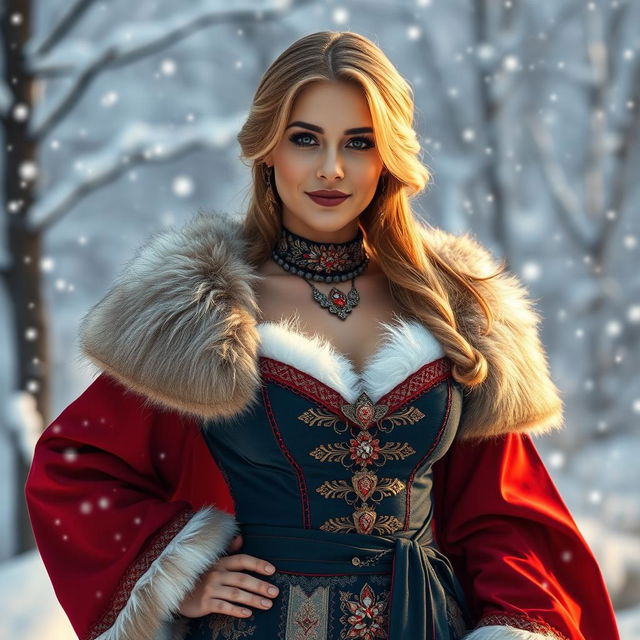 A beautiful Russian woman aged 35 to 45 years dressed in a sexy Snow Maiden costume, showcasing intricate details and vibrant colors