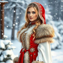 A beautiful Russian woman aged 35 to 45 years dressed in a sexy Snow Maiden costume, showcasing intricate details and vibrant colors