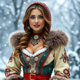 A beautiful Russian woman aged 35 to 45 years dressed in a sexy Snow Maiden costume, showcasing intricate details and vibrant colors