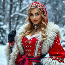 A beautiful Russian woman aged 35 to 45 years dressed in a sexy Snow Maiden costume, showcasing intricate details and vibrant colors