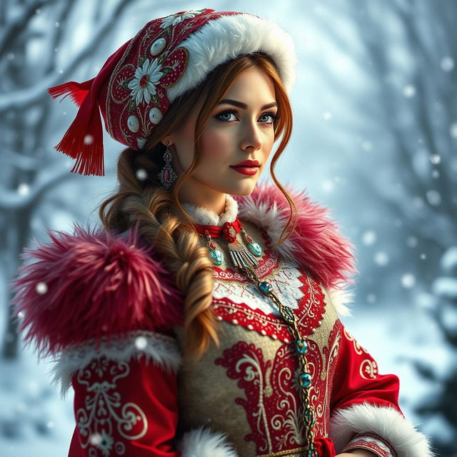 A captivating Russian woman aged 35 to 45 years dressed in a sexy Snow Maiden costume, adorned with intricate designs and vibrant colors