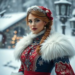 A captivating Russian woman aged 35 to 45 years dressed in a sexy Snow Maiden costume, adorned with intricate designs and vibrant colors