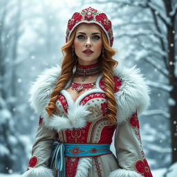 A captivating Russian woman aged 35 to 45 years dressed in a sexy Snow Maiden costume, adorned with intricate designs and vibrant colors