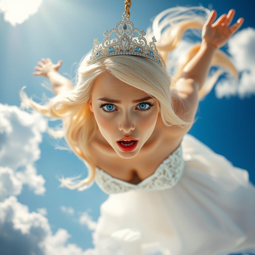 A stunning, sexy blonde princess with a sparkling tiara, captivating blue eyes, and striking red lips is depicted gracefully falling from the sky