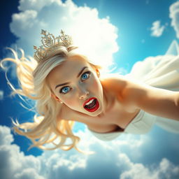 A stunning, sexy blonde princess with a sparkling tiara, captivating blue eyes, and striking red lips is depicted gracefully falling from the sky