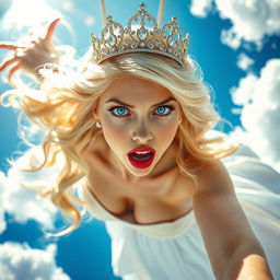 A stunning, sexy blonde princess with a sparkling tiara, captivating blue eyes, and striking red lips is depicted gracefully falling from the sky