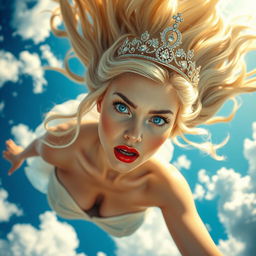 A stunning, sexy blonde princess with a sparkling tiara, captivating blue eyes, and striking red lips is depicted gracefully falling from the sky