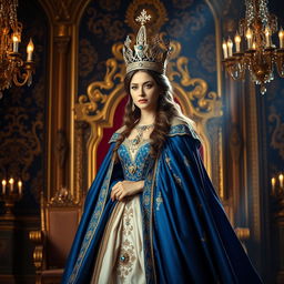 A majestic and regal queen standing in a grand throne room, adorned with a beautiful flowing gown in royal colors of deep blue and gold