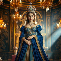 A majestic and regal queen standing in a grand throne room, adorned with a beautiful flowing gown in royal colors of deep blue and gold