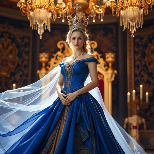 A majestic and regal queen standing in a grand throne room, adorned with a beautiful flowing gown in royal colors of deep blue and gold