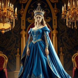 A majestic and regal queen standing in a grand throne room, adorned with a beautiful flowing gown in royal colors of deep blue and gold