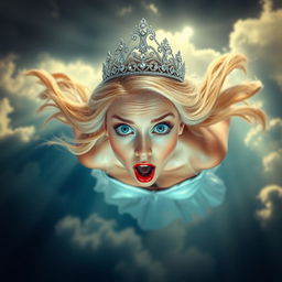 A beautiful, sexy blonde princess adorned with a sparkling tiara, her striking blue eyes wide open in a scared expression, falls gracefully from the sky