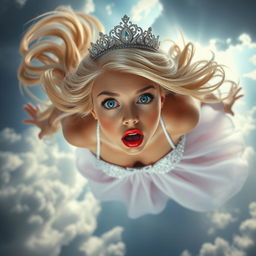 A beautiful, sexy blonde princess adorned with a sparkling tiara, her striking blue eyes wide open in a scared expression, falls gracefully from the sky