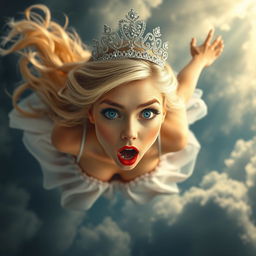 A beautiful, sexy blonde princess adorned with a sparkling tiara, her striking blue eyes wide open in a scared expression, falls gracefully from the sky
