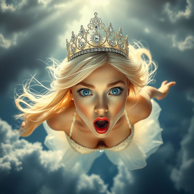 A beautiful, sexy blonde princess adorned with a sparkling tiara, her striking blue eyes wide open in a scared expression, falls gracefully from the sky