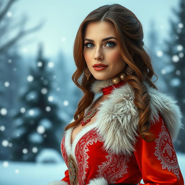 A striking Russian woman aged 35 to 45 years, elegantly dressed in a sexy Snow Maiden costume, featuring intricate details and luxurious fabric