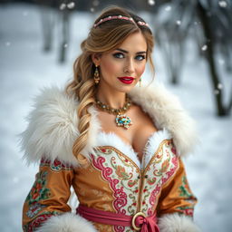 A striking Russian woman aged 35 to 45 years, elegantly dressed in a sexy Snow Maiden costume, featuring intricate details and luxurious fabric