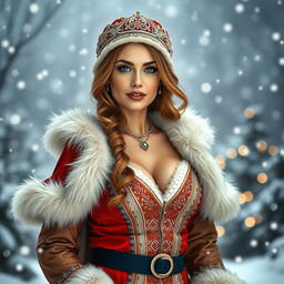 A striking Russian woman aged 35 to 45 years, elegantly dressed in a sexy Snow Maiden costume, featuring intricate details and luxurious fabric