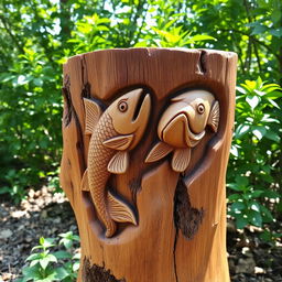 A beautifully carved wooden stump, approximately 1