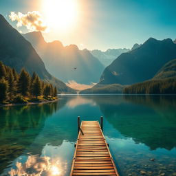A highly detailed and sharp image of a serene landscape featuring a crystal-clear lake surrounded by majestic mountains