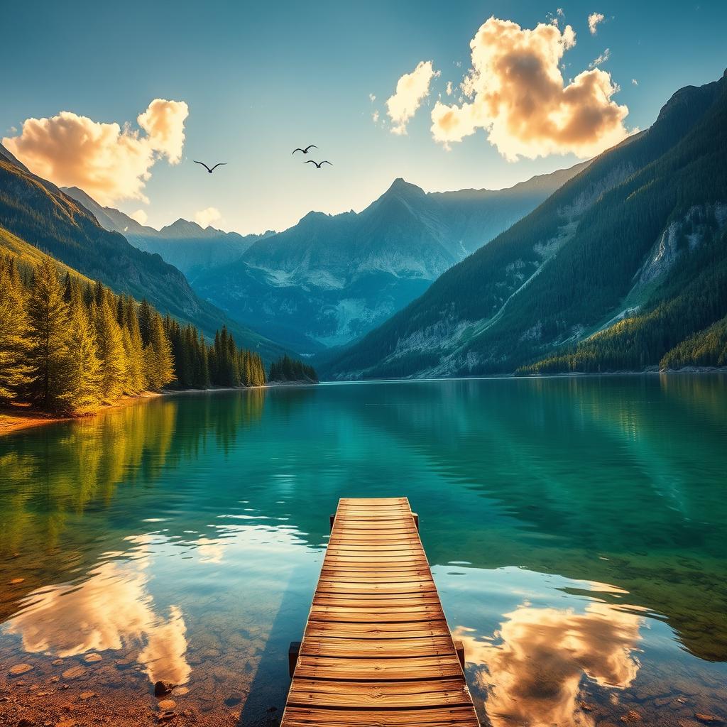 A highly detailed and sharp image of a serene landscape featuring a crystal-clear lake surrounded by majestic mountains