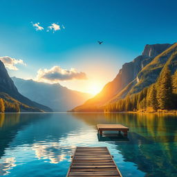 A highly detailed and sharp image of a serene landscape featuring a crystal-clear lake surrounded by majestic mountains