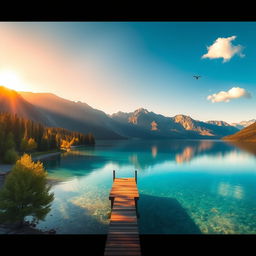 A highly detailed and sharp image of a serene landscape featuring a crystal-clear lake surrounded by majestic mountains