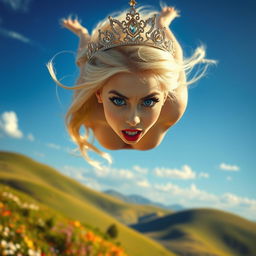 A sexy blonde princess with a sparkling tiara, striking blue eyes, and bold red lips, plummeting from a serene blue sky