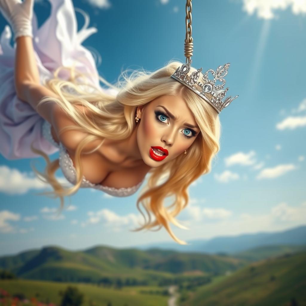 A sexy blonde princess with a sparkling tiara, striking blue eyes, and bold red lips, plummeting from a serene blue sky