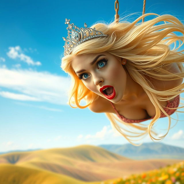 A sexy blonde princess with a sparkling tiara, striking blue eyes, and bold red lips, plummeting from a serene blue sky