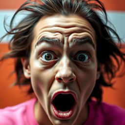 A close-up of a person's shocked and surprised face, wide eyes, raised eyebrows, mouth open in an expression of disbelief