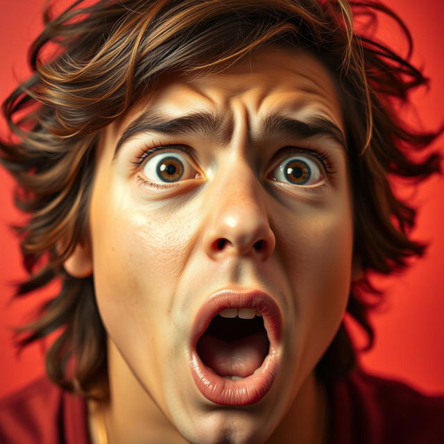 A close-up of a person's shocked and surprised face, wide eyes, raised eyebrows, mouth open in an expression of disbelief