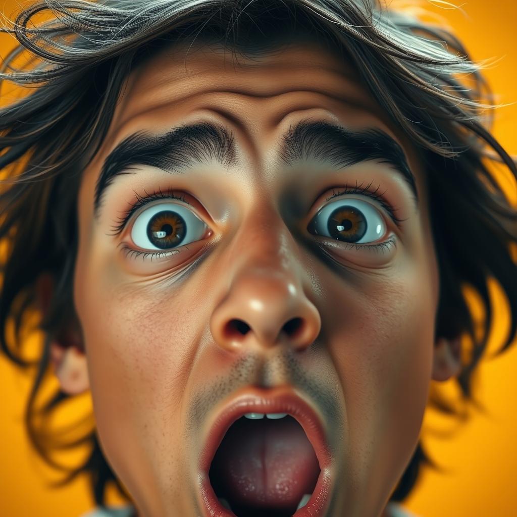 A close-up of a person's shocked and surprised face, wide eyes, raised eyebrows, mouth open in an expression of disbelief